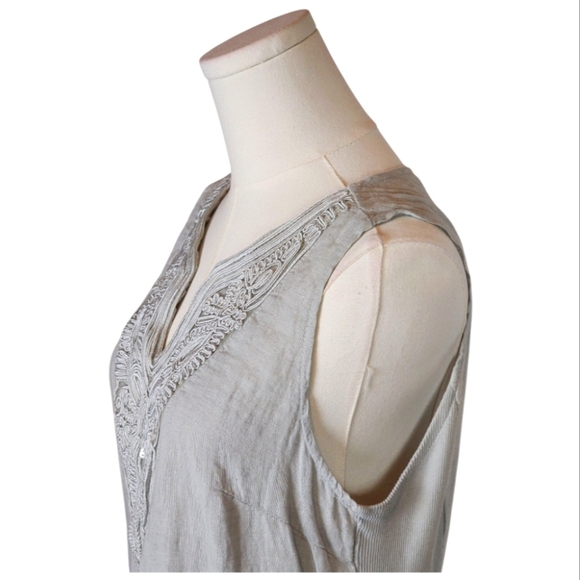 Lina Tomei Italian Linen Dress Gray Embroidered Boho Sleeveless M Made Italy - Picture 3 of 9